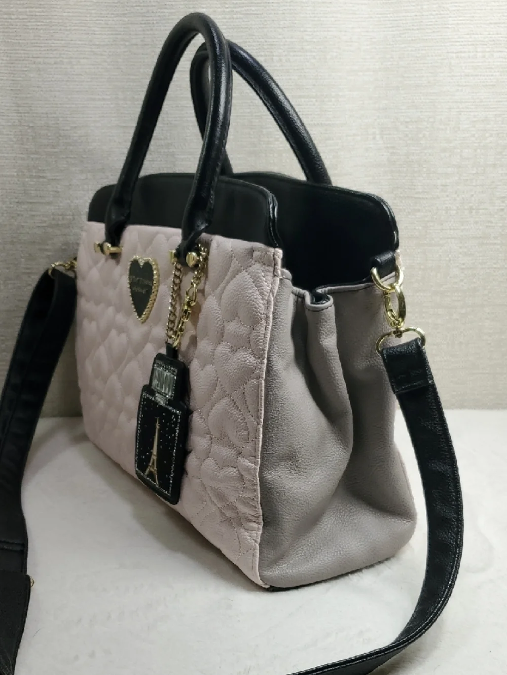 Betsey Johnson Heart Quilted Pink Black Grey Satchel Eiffel Tower Bag Charm